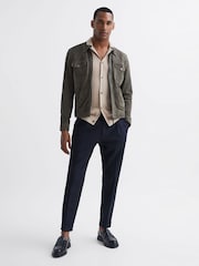 Reiss Oatmeal Melange Grande Cable Knit Cuban Collar Button Through Shirt - Image 6 of 6