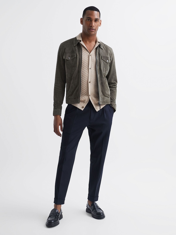 Reiss Oatmeal Melange Grande Cable Knit Cuban Collar Button Through Shirt - Image 6 of 6