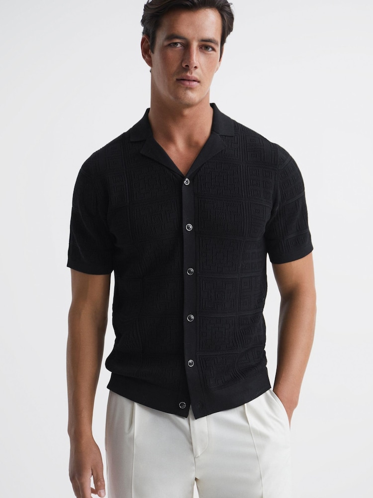 Reiss Black Amersham Textured Button Through Shirt - Image 1 of 6