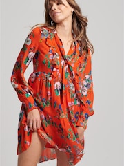 Superdry Bright Pop Floral Flame Red Studios Off Duty Mini Dress - Image 1 of 6