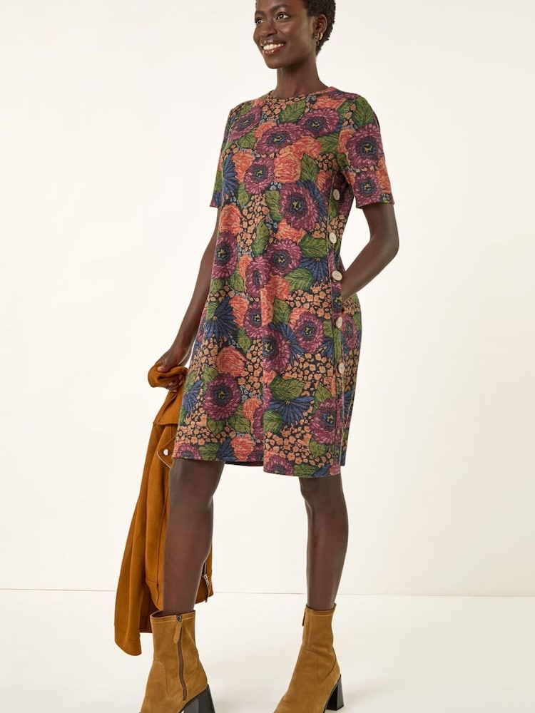 Roman Green Floral Shift Buttoned Dress - Image 1 of 5