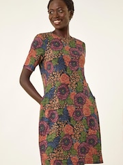 Roman Green Floral Shift Buttoned Dress - Image 2 of 5