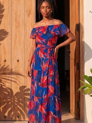 Roman Blue Floral Print Bardot Belted Maxi Dress - Image 1 of 4