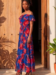 Roman Blue Floral Print Bardot Belted Maxi Dress - Image 2 of 4