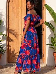 Roman Blue Floral Print Bardot Belted Maxi Dress - Image 3 of 4