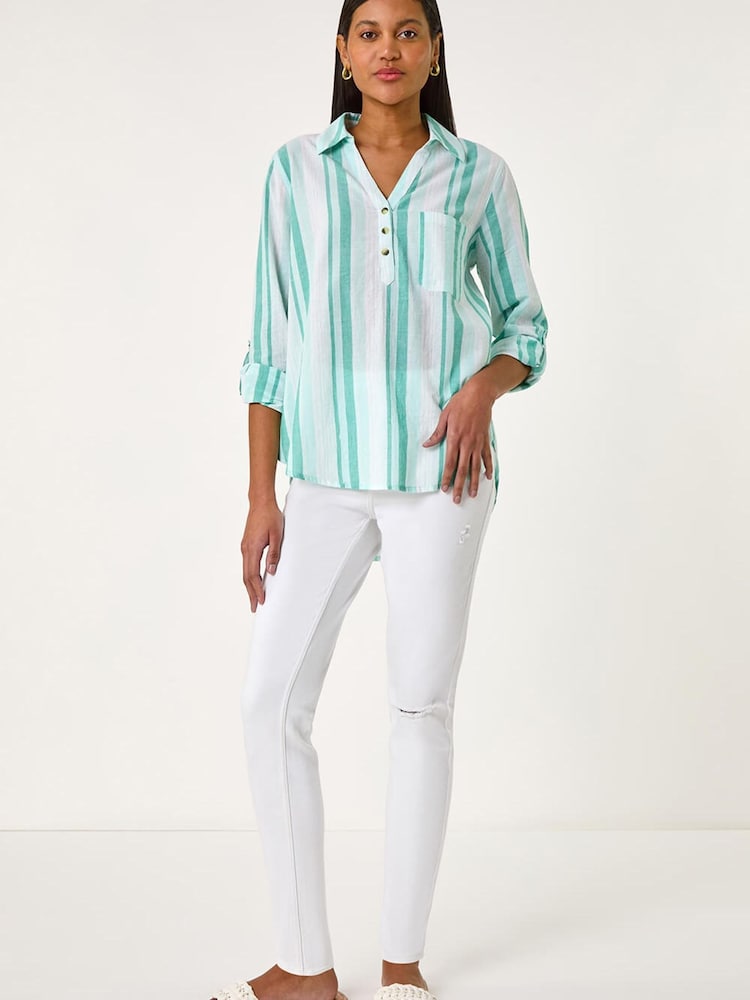 Roman Blue Stripe Collar V-Neck Shirt - Image 2 of 5 Roman Blue Stripe Collar V-Neck Shirt - Image 2 of 5