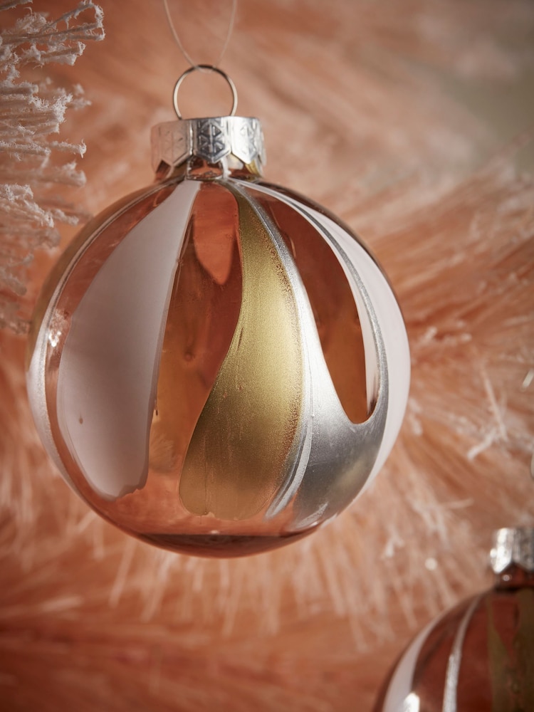 Cox & Cox Pink Four Small Painterly Stripes Glass Baubles - Image 2 of 2