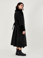Monsoon Black Faux Fur Trim Felicity Belted Wool Blend V Coat - Image 2 of 4