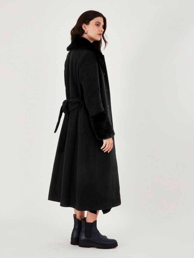 Monsoon Black Faux Fur Trim Felicity Belted Wool Blend V Coat - Image 2 of 4 Monsoon Black Faux Fur Trim Felicity Belted Wool Blend V Coat - Image 2 of 4