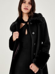 Monsoon Black Faux Fur Trim Felicity Belted Wool Blend V Coat - Image 3 of 4