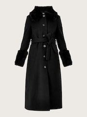Monsoon Black Faux Fur Trim Felicity Belted Wool Blend V Coat - Image 4 of 4