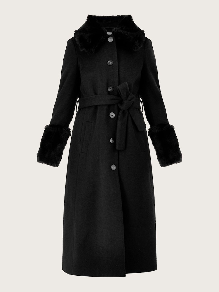 Monsoon Black Faux Fur Trim Felicity Belted Wool Blend V Coat - Image 4 of 4
