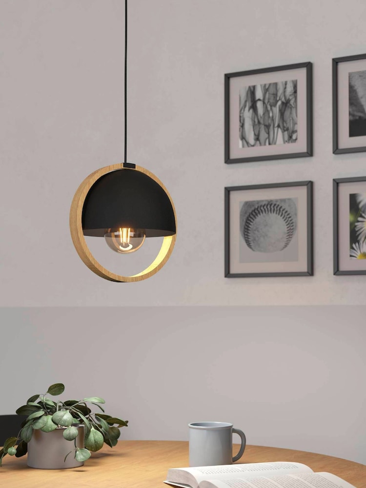 Eglo Black/Wood Callow 1 Light Ceiling Light Pendant - Image 1 of 3