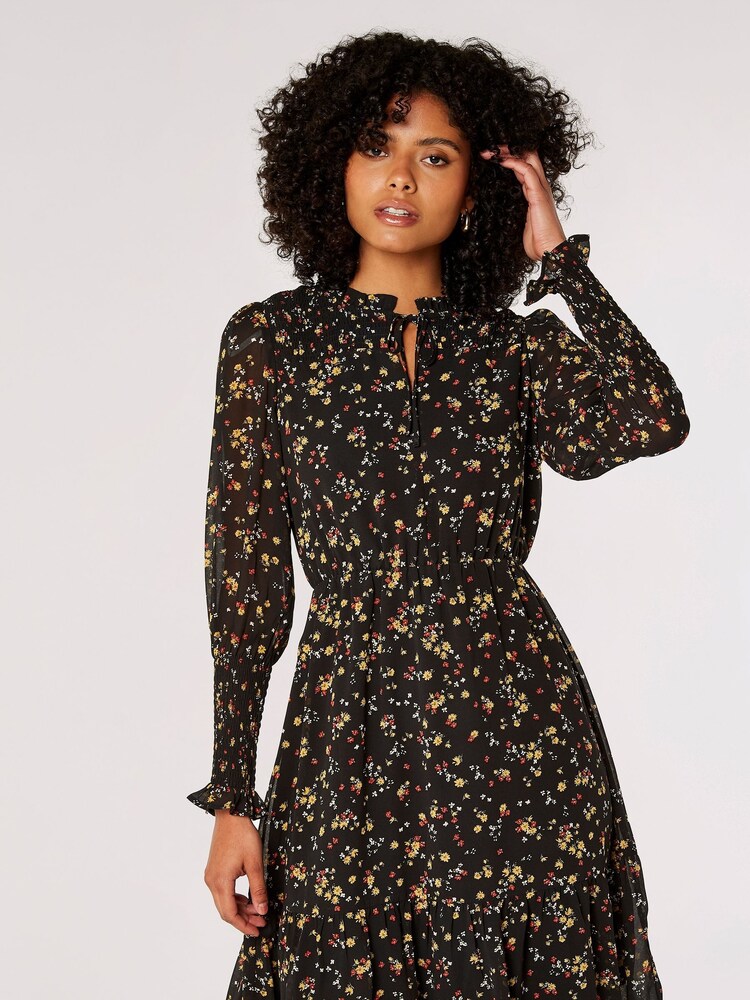 Apricot Black Vintage Mini Ditsy Ruffle Dress - Image 1 of 5