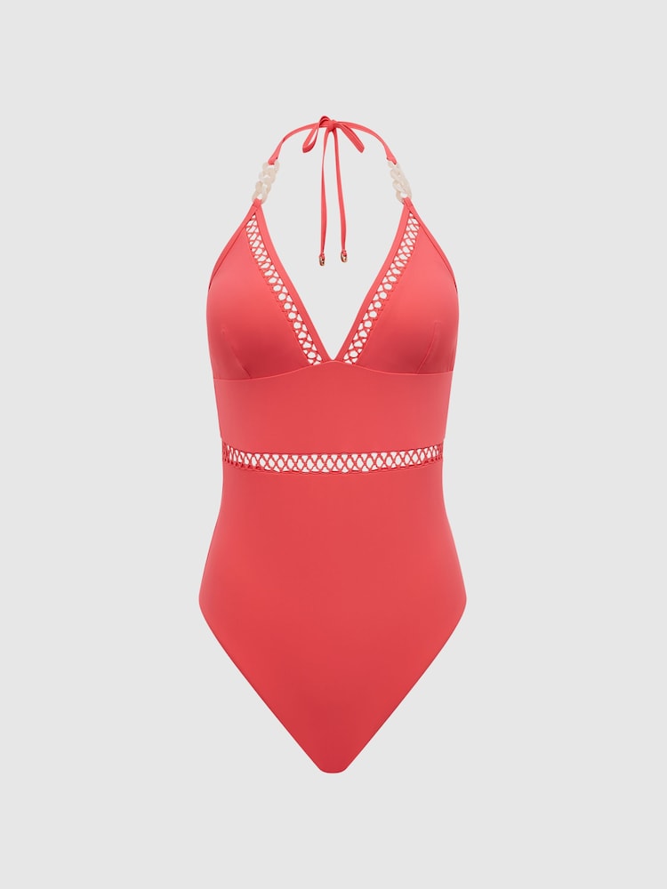 Reiss Coral Ray Colourblock Halter Swimsuit - Image 2 of 7