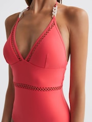 Reiss Coral Ray Colourblock Halter Swimsuit - Image 4 of 7