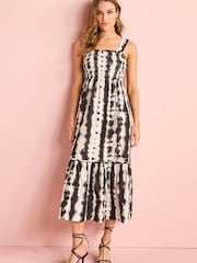Black/White Tie Dye Cotton Maxi Shirred Dress - Image 1 of 5