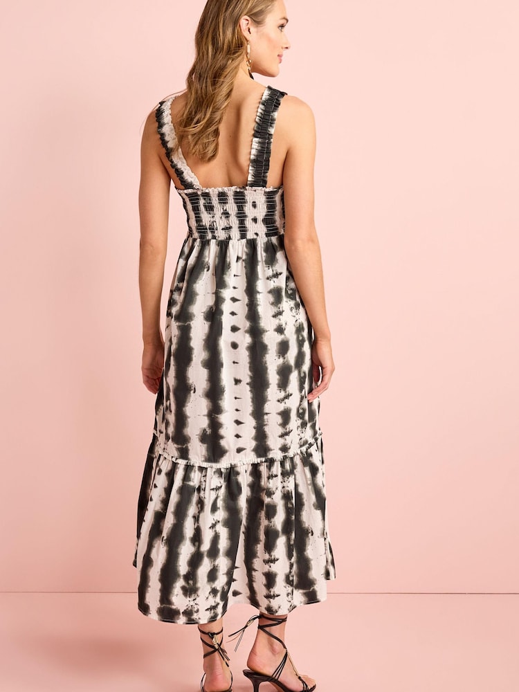 Black/White Tie Dye Cotton Maxi Shirred Dress - Image 2 of 5