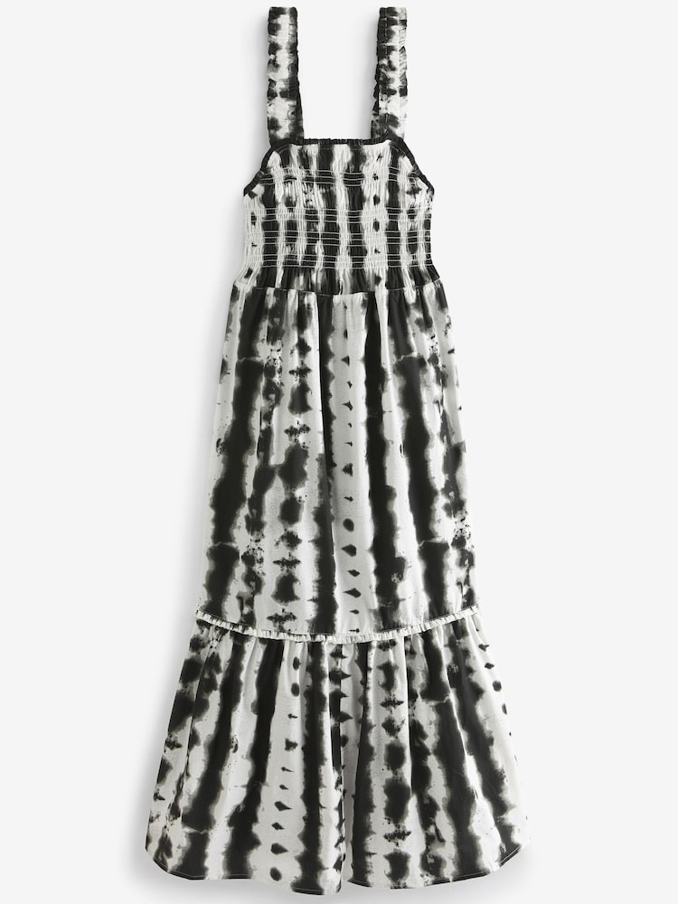 Black/White Tie Dye Cotton Maxi Shirred Dress - Image 5 of 5