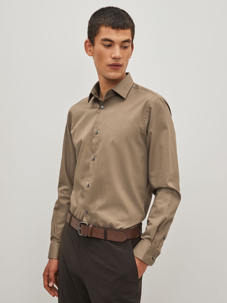 Neutral Brown Regular Fit Easy Care Textured Shirt - Image 1 of 5
