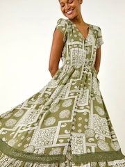 Roman Green Patchwork Lace Trim Maxi Dress - Image 1 of 5