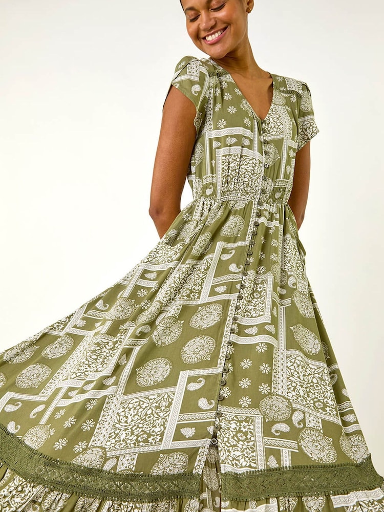 Roman Green Patchwork Lace Trim Maxi Dress - Image 1 of 5 Roman Green Patchwork Lace Trim Maxi Dress - Image 1 of 5