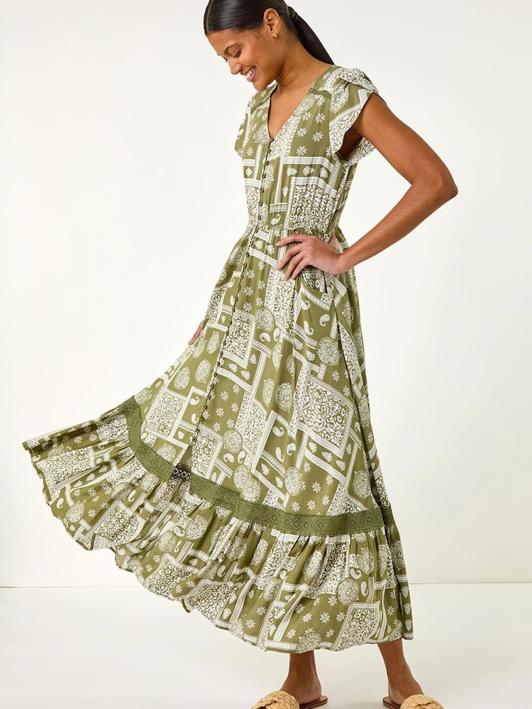 Roman Green Patchwork Lace Trim Maxi Dress - Image 2 of 5 Roman Green Patchwork Lace Trim Maxi Dress - Image 2 of 5
