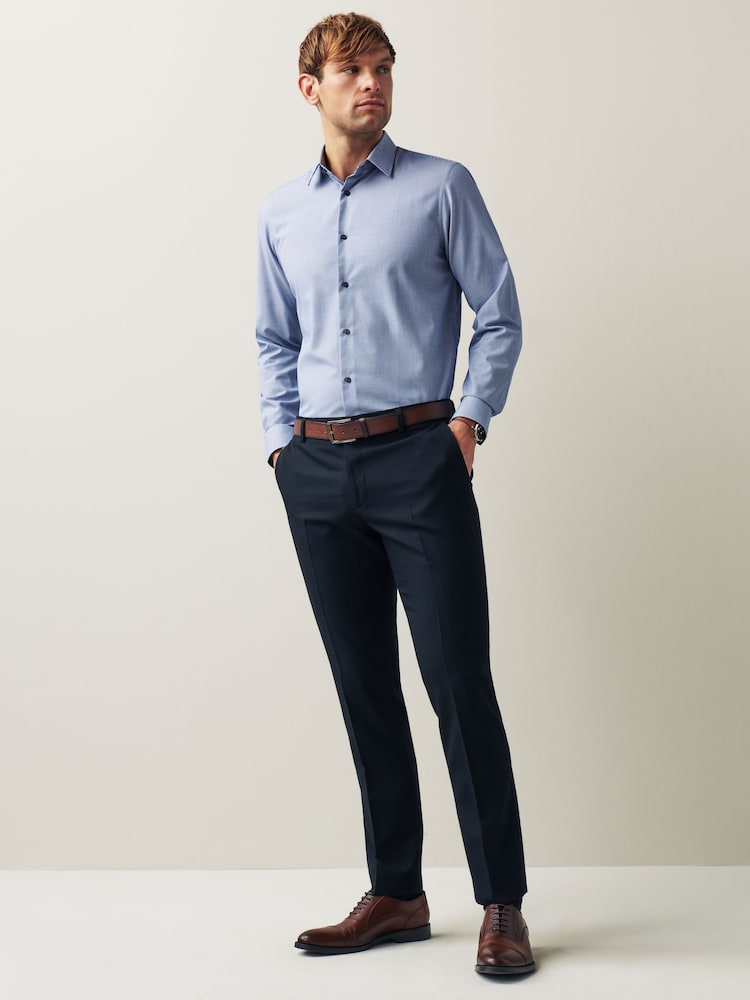 Navy Blue Regular Fit Textured Trimmed Single Cuff Shirt - Image 2 of 6
