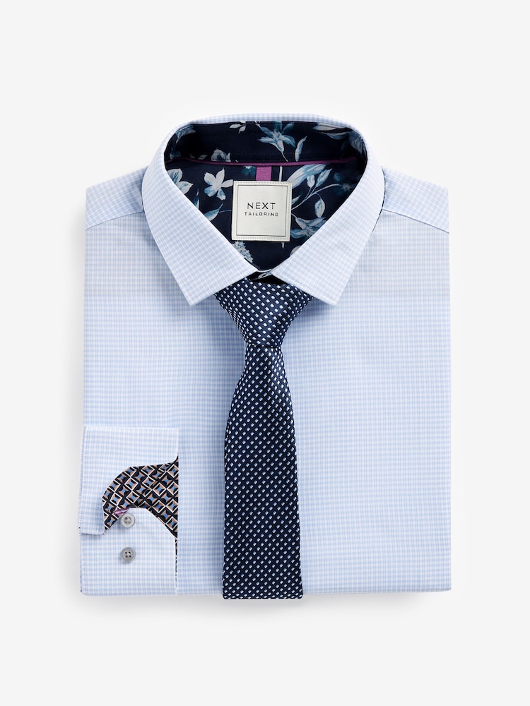 White/Navy Blue Check Slim Fit Single Cuff Single Cuff Shirt And Tie Pack - Image 1 of 3