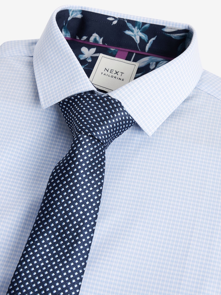 White/Navy Blue Check Slim Fit Single Cuff Single Cuff Shirt And Tie Pack - Image 2 of 3