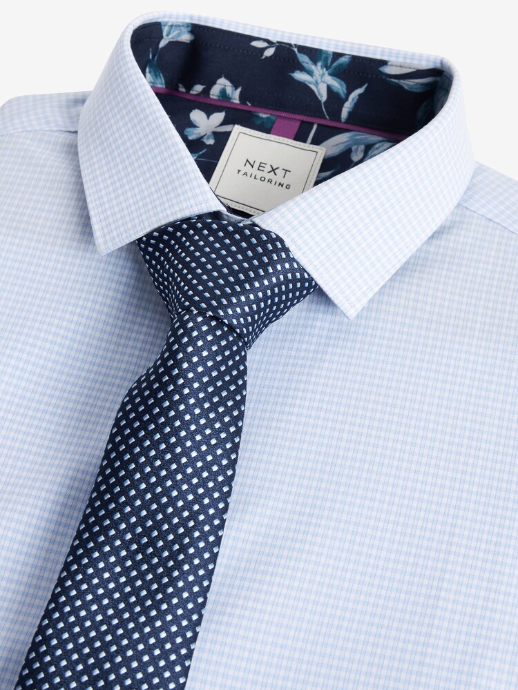 White/Navy Blue Check Slim Fit Single Cuff Single Cuff Shirt And Tie Pack - Image 2 of 3 White/Navy Blue Check Slim Fit Single Cuff Single Cuff Shirt And Tie Pack - Image 2 of 3