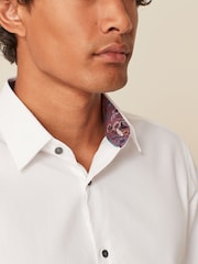 White Slim Fit 100% Cotton Textured Trimmed Single Cuff Shirt - Image 1 of 8