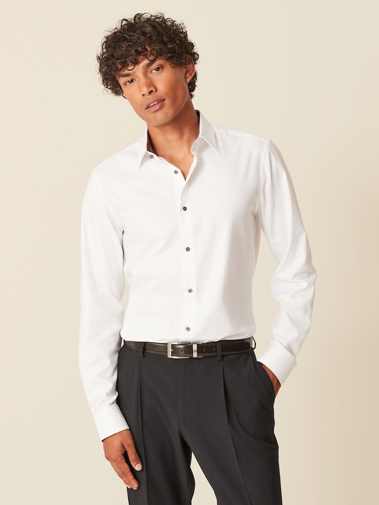 White Slim Fit 100% Cotton Textured Trimmed Single Cuff Shirt - Image 2 of 8