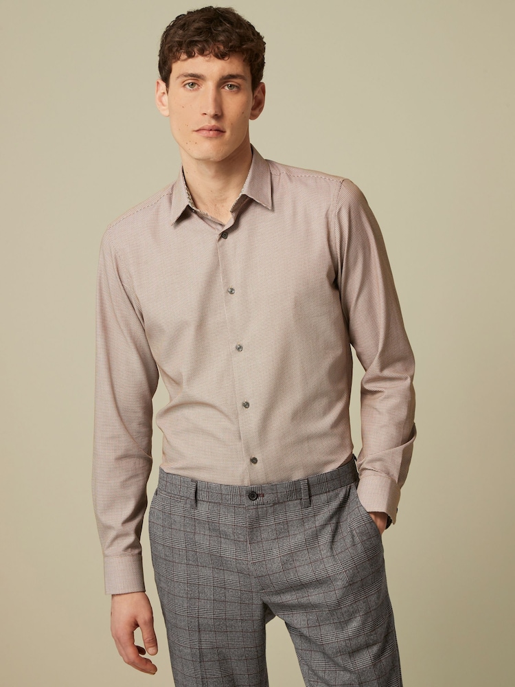 Neutral Brown Slim Fit Textured Trimmed Single Cuff Shirt - Image 1 of 9