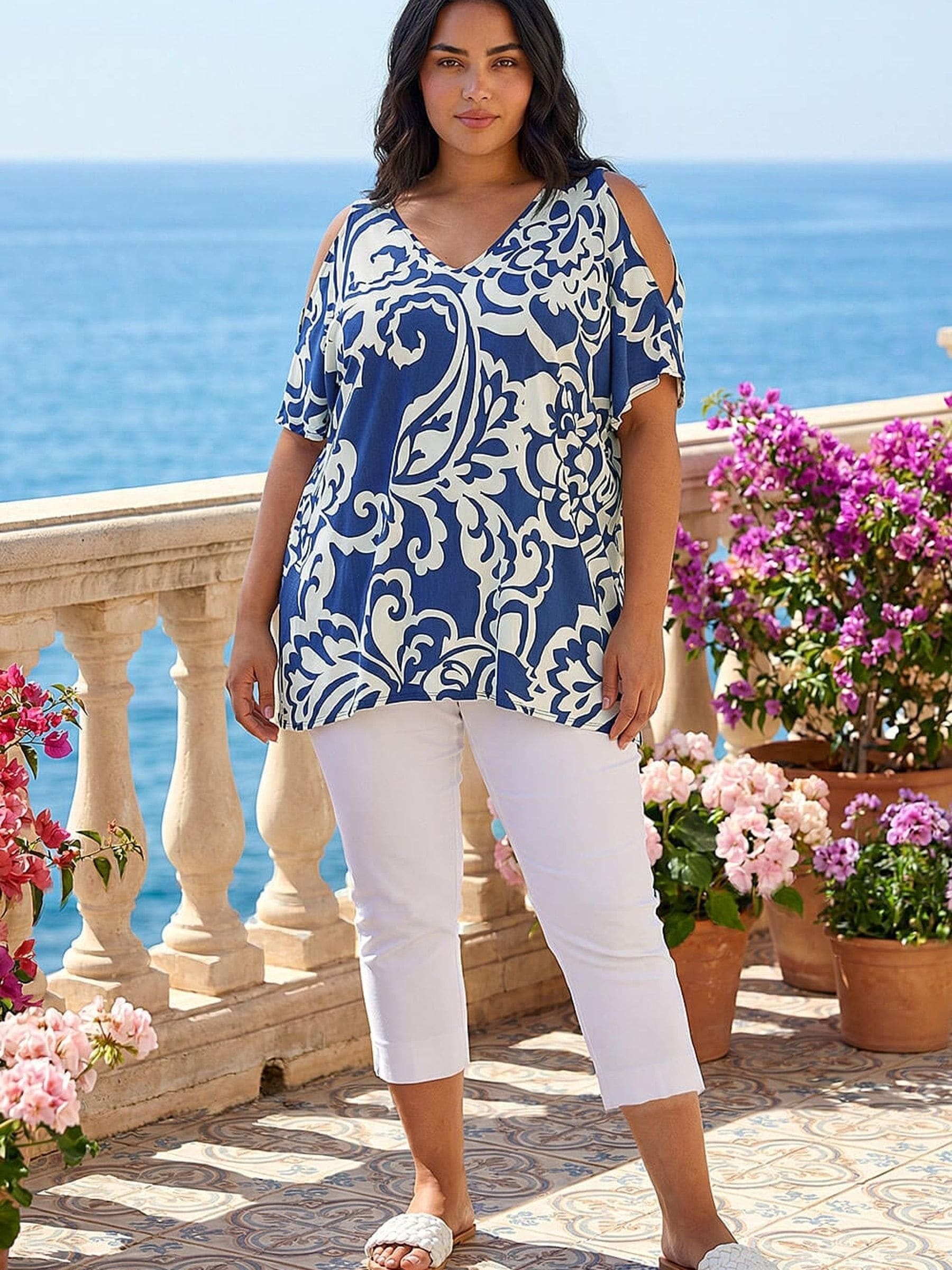 Roman Women's Blue Curve Floral Print Cold Shoulder Top