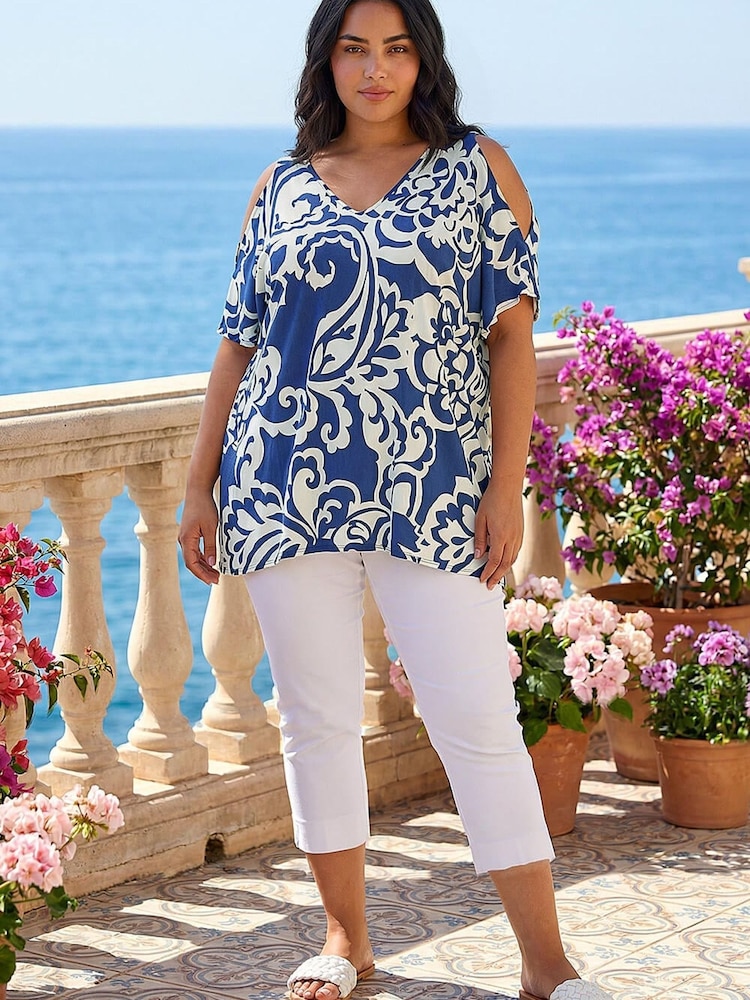Roman Blue Curve Floral Print Cold Shoulder Top - Image 1 of 4 Roman Blue Curve Floral Print Cold Shoulder Top - Image 1 of 4