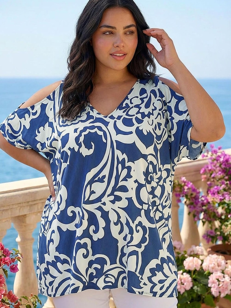 Roman Blue Curve Floral Print Cold Shoulder Top - Image 2 of 4 Roman Blue Curve Floral Print Cold Shoulder Top - Image 2 of 4