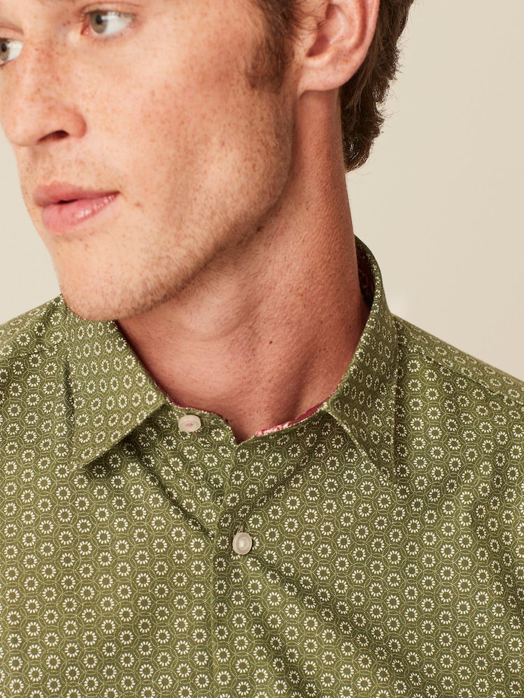 Green Geometric Easy Care Printed Trimmed Shirt - Image 1 of 8