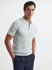 Reiss Soft Sage Bennie Press Stud Textured Polo Shirt - Image 1 of 5