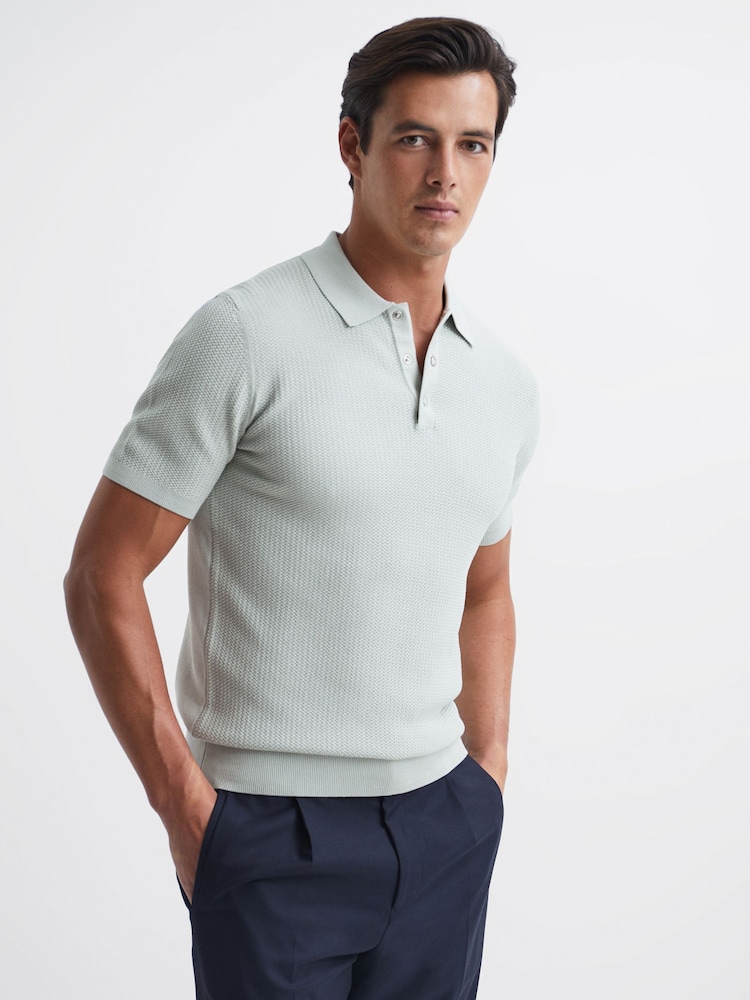 Reiss Soft Sage Bennie Press Stud Textured Polo Shirt - Image 1 of 5