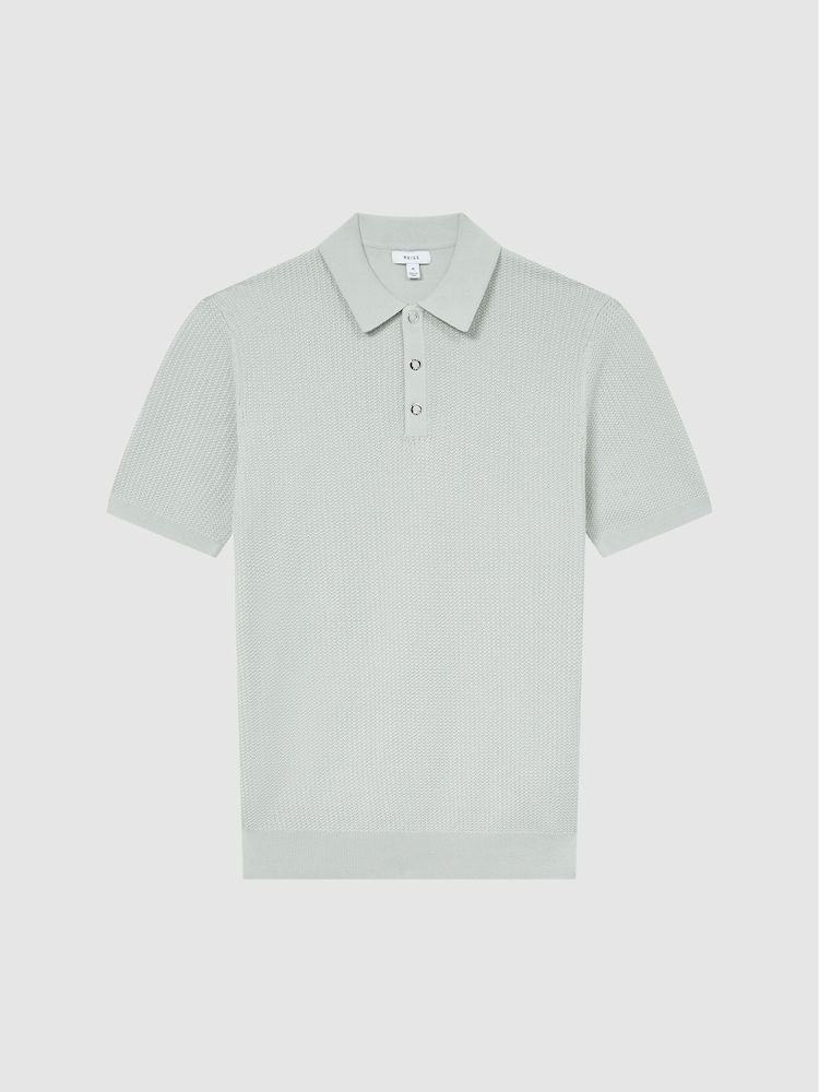 Reiss Soft Sage Bennie Press Stud Textured Polo Shirt - Image 2 of 5
