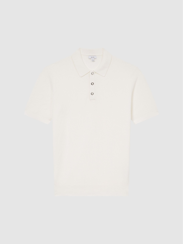 Reiss White Bennie Press Stud Textured Polo Shirt - Image 2 of 5