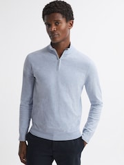 Reiss Sky Blue Melange Bond Half Zip Funnel Neck Cotton Jumper - Image 1 of 5
