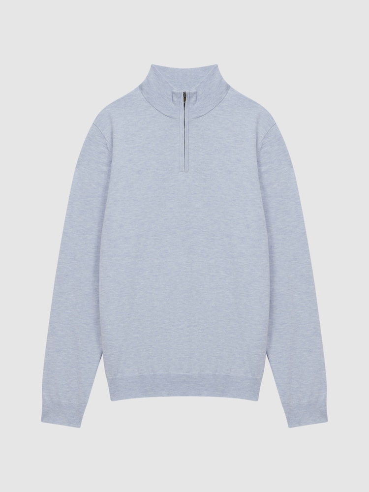 Reiss Sky Blue Melange Bond Half Zip Funnel Neck Cotton Jumper - Image 2 of 5