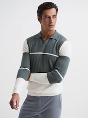Reiss Dark Sage/White Tokyo Slim Fit Colourblock Open Collar Shirt - Image 1 of 7