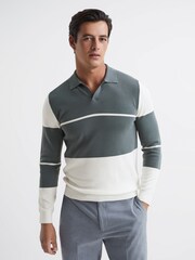 Reiss Dark Sage/White Tokyo Slim Fit Colourblock Open Collar Shirt - Image 6 of 7