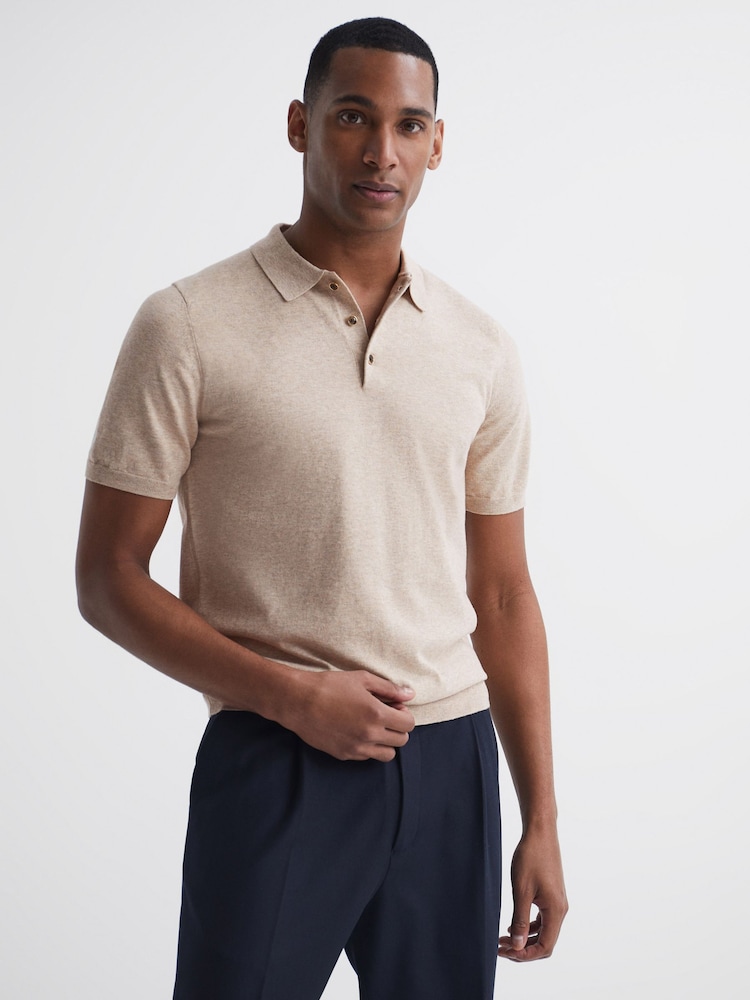 Reiss Oatmeal Melange Wilton Slim Fit Knitted Polo Shirt - Image 1 of 6