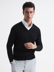 Reiss Black Earl Merino Wool V-Neck Jumper - Image 1 of 6