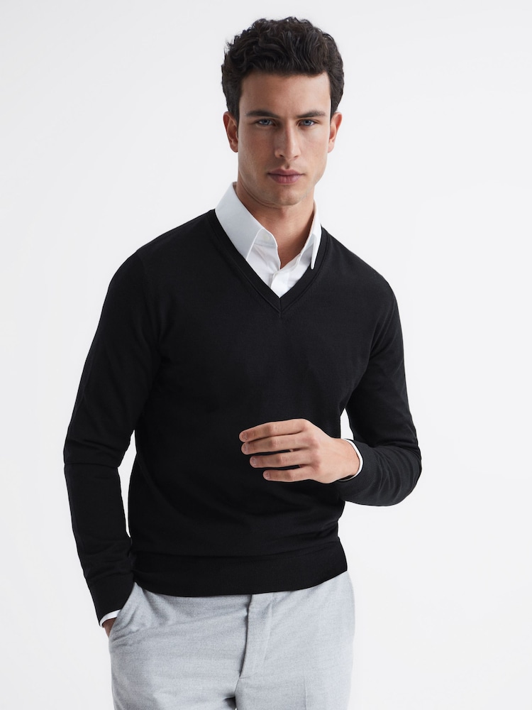 Reiss Black Earl Merino Wool V-Neck Jumper - Image 1 of 6
