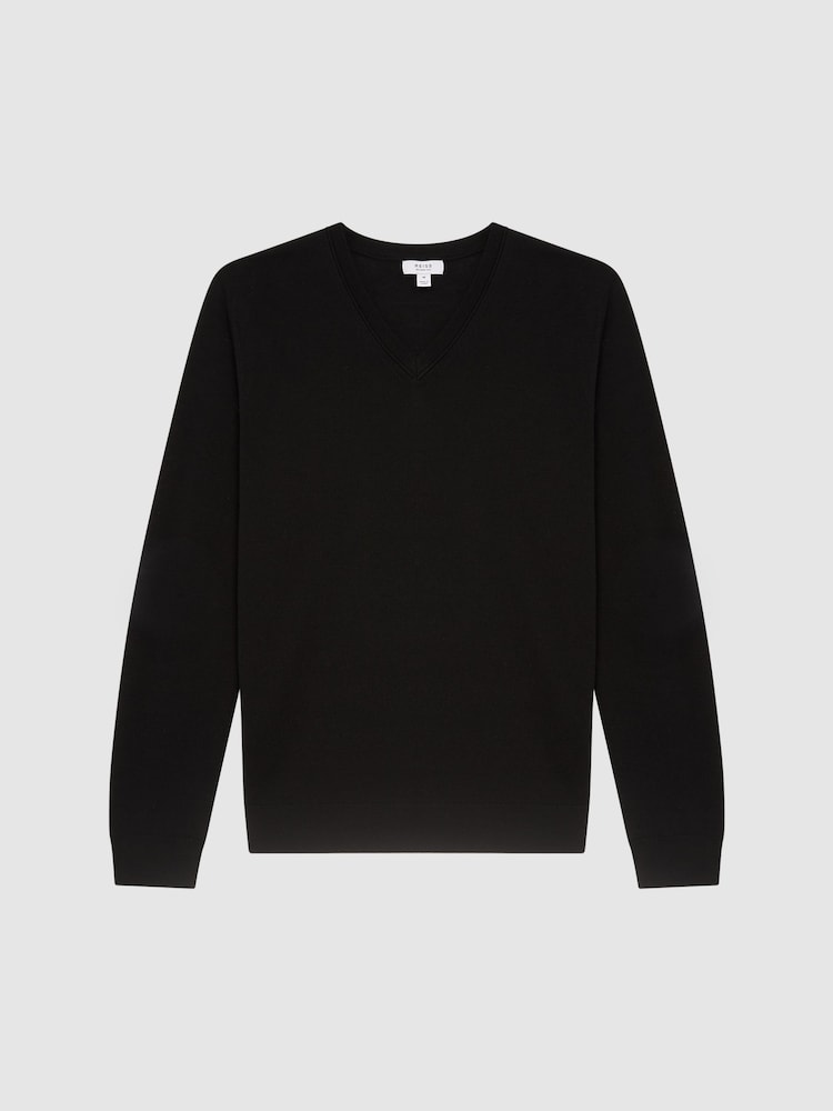 Reiss Black Earl Merino Wool V-Neck Jumper - Image 2 of 6